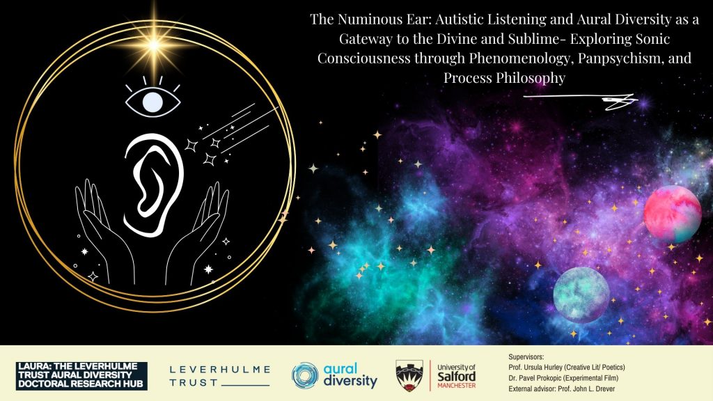 Title page for talk: The Numinous Ear: Autistic Listening and Aural Diversity as a Gateway to the Divine and Sublime. background show a space scene. Image also shows an eye, ear and hands